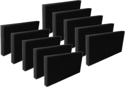 A collection of black foam filters arranged in a staggered pattern.