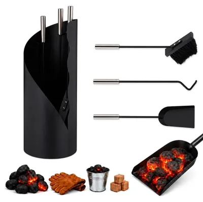Immagine prodotto di Set da camino - Attizzatoio - Pala per cenere - Scopa - Nero - 4 pezzi con supporto