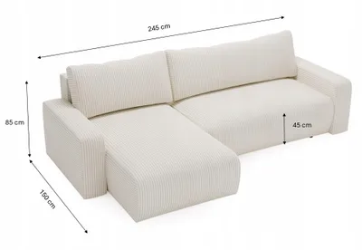 A sectional sofa with dimensions indicated by lines and text.