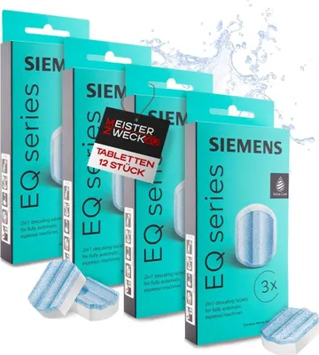 Produktbild von MEISTERZWECK4U - Siemens TZ80002 Entkalkungstabletten 4x3 Stück - für alle EQ & supresso Kaffeevollautomaten - Reinigung, Entkalkung von Kaffeemaschinen - entfernt Kalkablagerungen, Korrosionsschutz