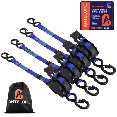 Produktbild von Automatik Spanngurt mit Ratsche und S-Haken, 3,6 m x 25mm, 4 Stück, Blau