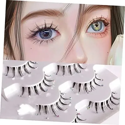 Produktbild von Dekorative künstliche Wimpern für Weihnachten, 5 Paar mit Strasssteinen, schwarze Faserwimpern für einen natürlichen Look und festliche Anlässe