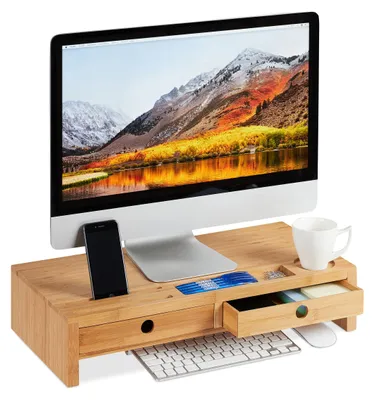 Monitorständer mit 2 Schubladen, Bambus, 12x56x27 cm