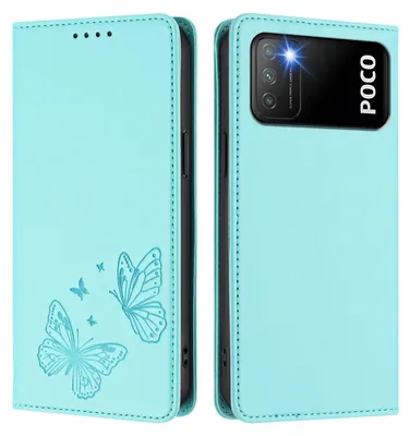 Produktbild von Lederhülle für Xiaomi Poco M3/Redmi 9T, Schmetterling Prägung Leder Brieftasche Schutzhülle mit Ständer Türkis