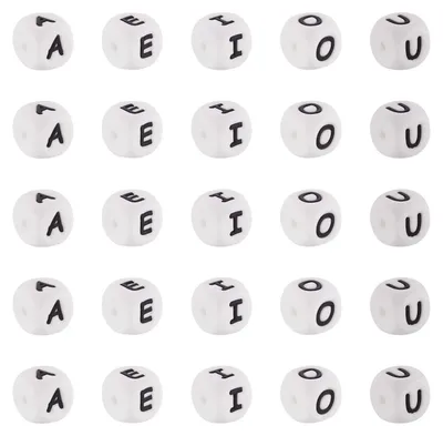Silikon-Alphabet-Würfelperlen, 50 Stück, 12 mm, Vokale, Loch 2 mm
