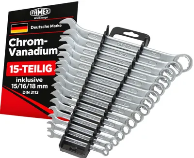 Produktbild von FAMEX 10355-15 Ringmaulschlüssel Satz - Gabelringschlüssel Maulschlüssel Ringschlüssel – 15-tlg.