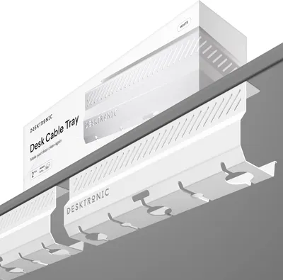 Zdjęcie produktu dla Desktronic kanał kablowy biurko, 2x43cm, wysokiej jakości stal, organizator kabli do zarządzania kablami Biały