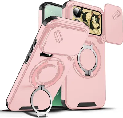 Immagine prodotto di Custodia a doppio strato per Xiaomi 17 Pro Max, con copertura scorrevole per fotocamera e supporto magnetico ad anello Rosa
