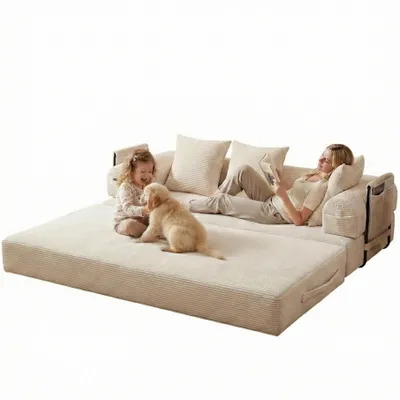 Produktbild von LVHOM Klappbares Schlafsofa aus Cordstoff, Modulares Tagesbett mit Metallgestell, Klappsofa Bodensofa mit Stauraum, 300kg Belastbarkeit, Beige