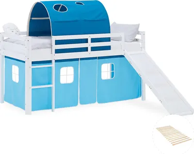 Image de Lit superposé 90x200 cm avec Toboggan Sommier Lit mezzanine en Bois Pin Massif Lit d'enfant Rideau Tunnel Bleu
