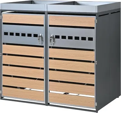Produktbild von Mülltonnenbox 2er mit Holzoptik Sichtstreifen und Pflanzfläche, Bis 240L, Abschließbar Müllcontainer, Verzinktem Stahl, Garten Müllbox, 132×80×124,5, Grau, HD26030411 (1) (1)