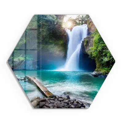 Produktbild von DEQORI Glasbild Echtglas 55x48 cm 'Tegenungan Wasserfall' Wandbild Bild modern Deko