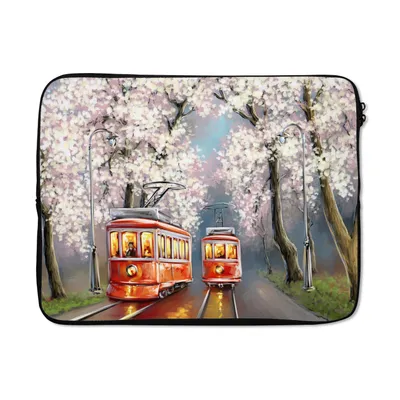 Produktbild von MuchoWow® Laptop Hülle 17 Zoll Laptoptasche Gemälde - Ölgemälde - Straßenbahn - Blühender Baum - Zipper - Schutzabdeckung
