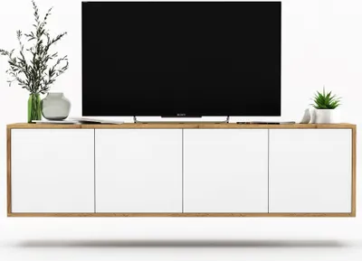 Zdjęcie produktu dla Nowoczesna Wisząca Szafka RTV Loft komoda RTV Loft Industrialna Dąb Wotan biały Mat 150 cm