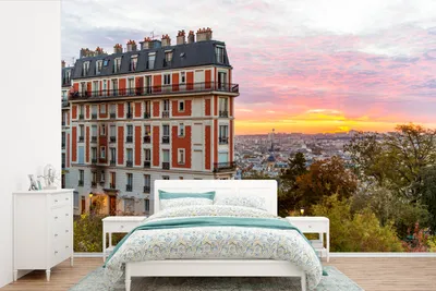 Produktbild von MuchoWow® Fototapete für Wohnzimmer oder Schlafzimmer Wandtapete Vinyl Motivtapete Paris - Skyline - Sonne - 600x400 cm - Vinyltapeten