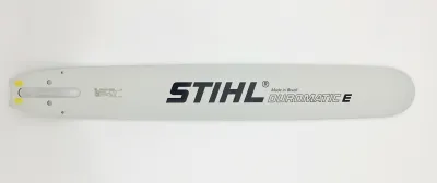 A Stihl chainsaw bar on a white background.
