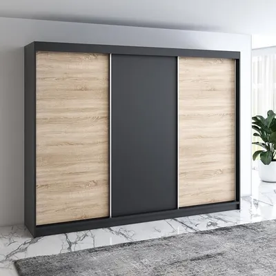 Produktbild von Schwebetürenschrank MERO 3-türig Schrank 200 cm  mit schublade  (Weiß, Schwarz, Sonoma)