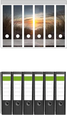 Produktbild von Wallario 6 Stück breite Ordner inkl. Klebeetiketten mit Motive Sonnenuntergang am Strand -  Set mit Rückenschildern / Ordnerrücken Stickern