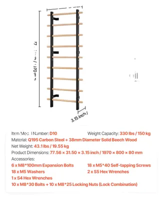 Obrázok produktu pre Švédsky rebrík, 9-stupňová konštrukcia, nosnosť 150 kg, 330 lb