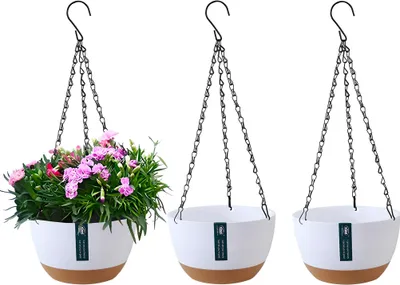 Image de lot de 3 pots de fleurs suspendus avec plateau amovible, auto-absorbant Pot de fleurs suspendu Panier Extérieur Intérieur Pot de fleurs Jardin Balcon Décoration, Blanc, 21cm