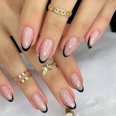 Produktbild von 24 Stück Französische Schwarz Glänzend Kunstnägel Press on Nails mit Nagelkleber