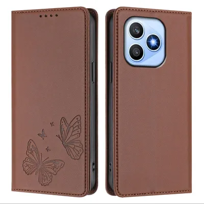 Image de Étui en cuir pour Honor X8D, étui de protection type portefeuille en cuir gaufré « papillon » avec support, marron