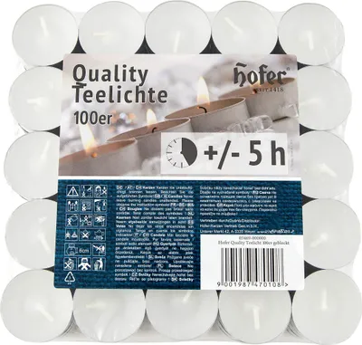 Produktbild von HOFER Teelichter 100 Stück – Weiß – 38 mm – 5h Brenndauer – Duftfrei – In Metallhülle