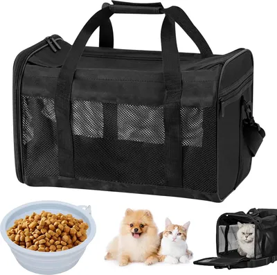 Produktbild von Faltbare Katzentragetasche: Atmungsaktive Katzentasche mit tragbarem Wassernapf, faltbare Tragetasche für Hunde und Katzen mit Schultergurt, 42 x 27 x 28 cm