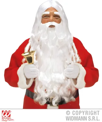 A person dressed as Santa Claus holding a bell.