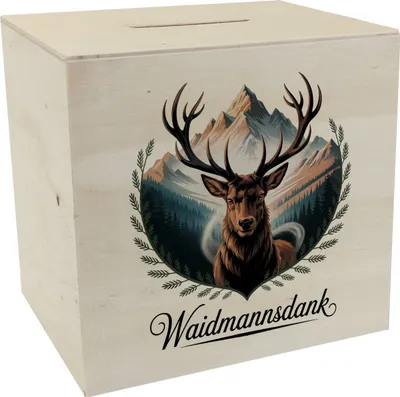 Produktbild von Waidmannsdank Hirsch vor Bergkulisse Spardose aus Holz für Jäger