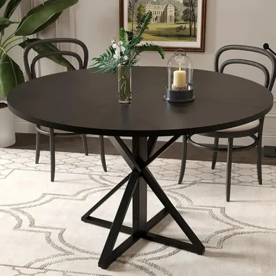 Produktbild von Esstisch - Rund Ø120 cm - Holzplatte - Schwerer Metallsockel - Für 4 Personen - Modern minimalistisch - Schwarz