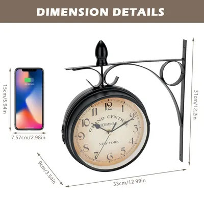 Produktbild von Bahnhofsuhr - Doppelseitige Wanduhr - Wasserdicht - Für Außenbereich und Garten - Retro Schmiedeeisen - Leise ohne Ticken