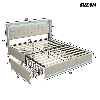 Produktbild von Fortuna Lai Polsterbett LED, mit Aufladen USB Ladefunktion Kopfteil und 4 Schubladen,Doppelbett 160x200cm Stauraumbetten Bettgestell, Lattenrost aus Holz, Beige