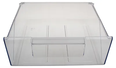 A clear plastic drawer for a refrigerator or freezer.