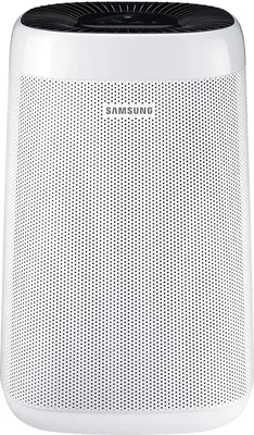 A white Samsung air purifier is shown from the front against a white background.