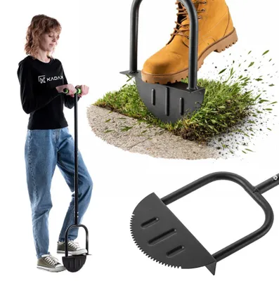 Immagine prodotto di KADAX Tagliaerba per bordi 23,5 x 118 cm con lama dentellata, tagliaerba manuale in acciaio per bordi di prato precisi, tagliaerba da giardino con impugnatura a T