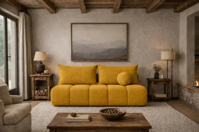 Image de Canapé Kaiser Möbel avec fonction couchage et coffre à lits, canapé convertible, tissu velours "Flow", jaune, modèle PIANO