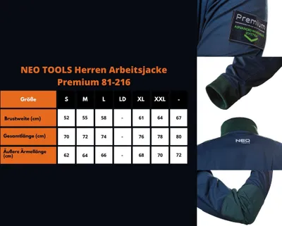 Produktbild von NEO TOOLS Herren Premium Arbeitsjacke Gr. M | 270 g/m2, Ellbogen- und Schulterbereich mit Cordura, Hochkragen, elastische Manschetten