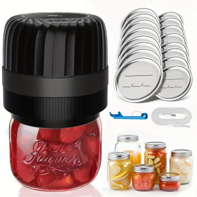 A collection of items for food preservation, including a vacuum sealer, jars filled with fruit and vegetables, and lids.
