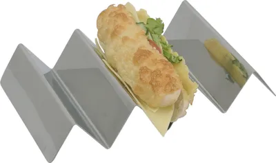 A taco holder with a taco in it, on a white background.