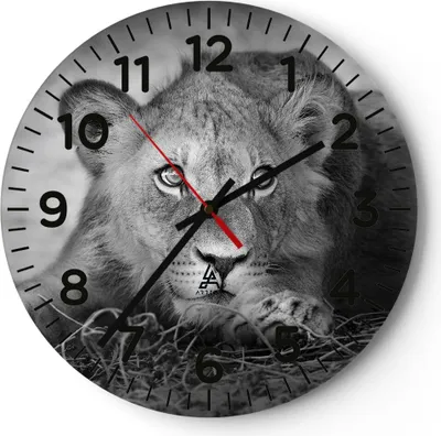 Produktbild von Wanduhr - Rund - Glasuhr - Löwe asiatisch Porträt - 30x30cm - Schleichendes Uhrwerk - Lautlos - zum Aufhängen bereit - Dekoration Modern - Wanddekoration aus Glas - C4AR30x30-4840
