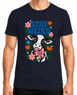 Produktbild von Stay Weird Lustige Kuh Blumen 70s Hippie Bauernhof Kalb Kälbchen Herren T-Shirt, Navy, XXL