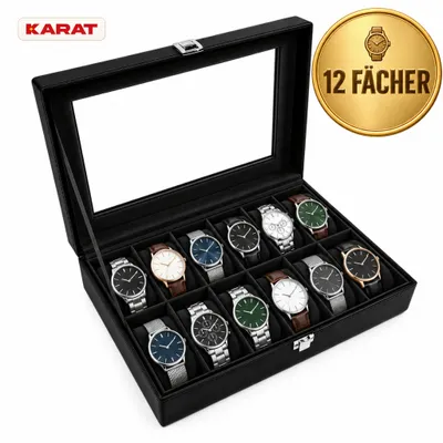 Produktbild von Uhrenbox Ciel Schwarz für 12 Uhren mit Glasdeckel und Samtkissen, eleganter Uhrenkasten mit 12 Fächern
