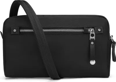 A black crossbody bag shown from the front against a white background.