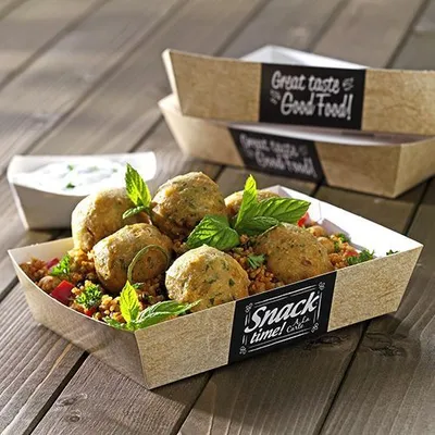 Produktbild von Papstar Snacktrays, Pappe "pure" 3,5 cm x 3,3 cm x 18,5 cm "Good Food" 14 x 50 Stück