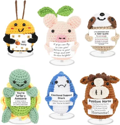 Productafbeelding van 6 Stuks Gehaakte Dierenknuffels met Positieve Boodschap, Zakcadeau