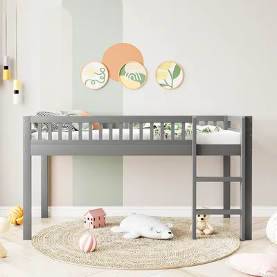 Produktbild von Hochbett mit Lattenrost, Leiter und Rausfallschutz, (90x200cm) Kinderbett, Jugendbett, Kiefer