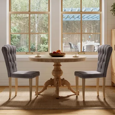Image de UnboxG, ensemble de 2 chaises de salle à manger, couleur gris foncé, revêtues en velours avec capitonnage à boutons et ornements en clous, chaises de cuisine confortables avec dossier rembourré et pieds en bois robustes