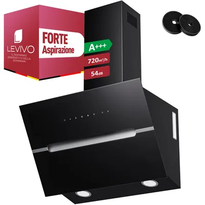 Immagine prodotto di LEVIVO A+++ Cuffia di aspirazione senza testa 60 cm ricircolo e scarico dell'aria con prestazioni d'aria di 720 m³/h, cuffia di aspirazione con 2 filtri a carboni attivi, 1 filtro antigrasso, 3 livelli