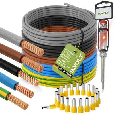 Produktbild von INVOLT H07V-K 6 mm² Verdrahtungsleitung 5 x 3m Set, Einzelader Schwarz, Blau, Braun, Grau, Grün-Gelb mit 60 Aderendhülsen und Spannungsprüfer